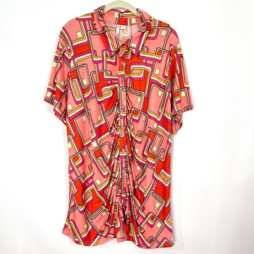 Cato Women’s Short Sleeve Pink Orange Ruched Front Button Up Shirt Sz 18/20 NWT